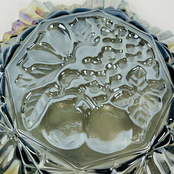 Vintage Carnival Glass Fruit Bowl Iridescent Clear Gray Scalloped Diamond Rim - Picture 8 of 10